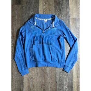 PINK Victoria's Secret Blue‎ Fleece Quarter Zip Sweatshirt Women's Small